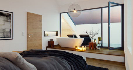 wellness sleeping room in candle light with bathtube