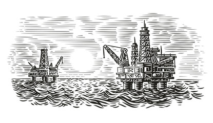 Offshore oil rig engraving style illustration. Sea oil drilling. Vector. 