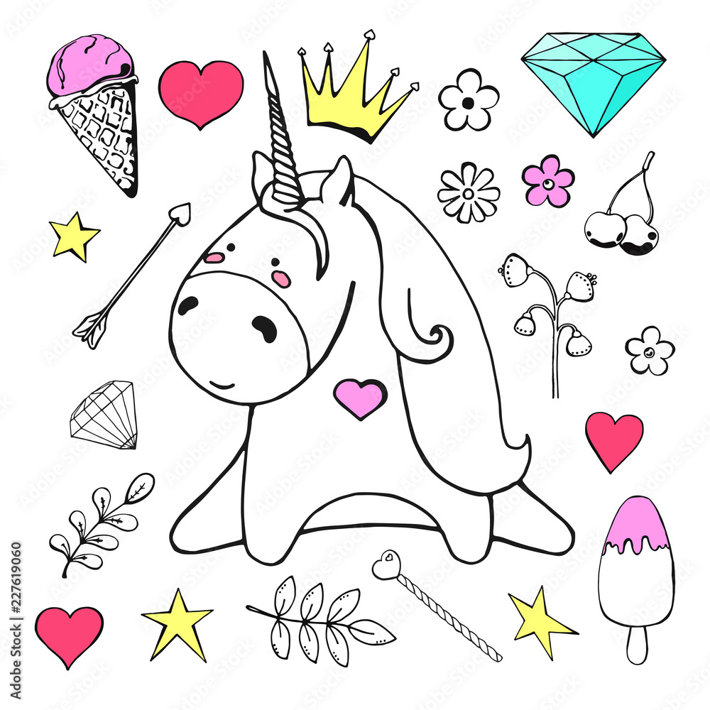 Poster sketch unicorn with various cute objects isolated on white background. vector illustration