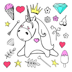 Sketch unicorn with various cute objects isolated on white background. Vector illustration