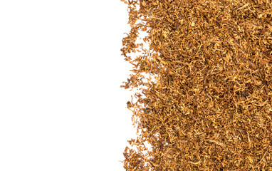 Border from cut tobacco, which scattered on white.