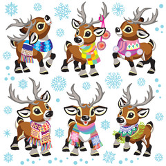 set of cartoon reindeer wearing a colorful knitted scarf . Collection of funny Christmas tiny caribou deer in different poses. Vector illustration for baby and little kid