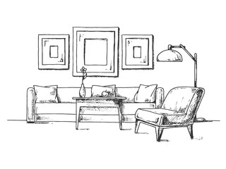 Sketch of the interior. Sofa, armchair, coffee table and other interior elements. Vector - 227621019