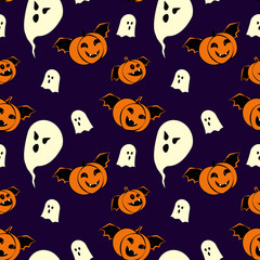 Halloween seamless pattern design with ghosts and pumpkins vampires