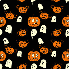 Halloween seamless pattern design with ghosts and pumpkins vampires