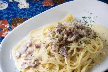 Spaghetti Carbonara Delicious dish on the table.