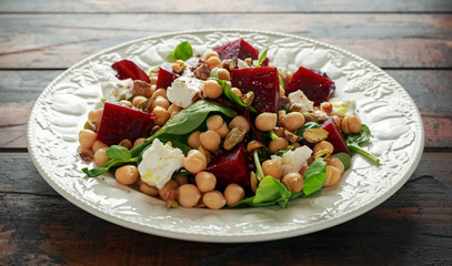 Healthy Beet Salad with chickpeas, pistachios nuts, feta cheese
