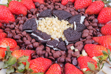 Delicious homemade brownie cake with strawberries. Selective focus