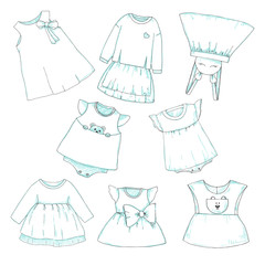Set of different children's clothing. Can be used as clothes for paper dolls. Vector illustration in sketch style.