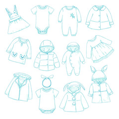 Set of different children's clothing. Can be used as clothes for paper dolls. Vector illustration in sketch style.