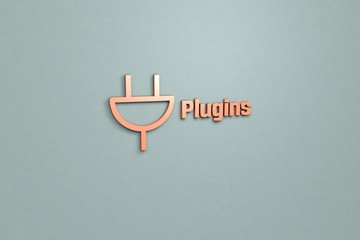 3D illustration of Plugins, red color and red text with grey background.