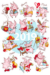 New Year 2019. Calendar cover. Creative calendar with cute pigs. Concept, vector vertical editable template. Symbol of the year in the Chinese calendar. Cartoon. Isolated. Vector illustration.