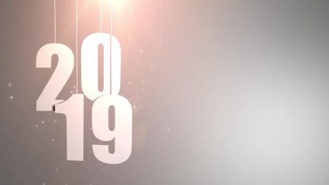 Happy New Year 2019 white paper numbers hanging on strings falling down white background