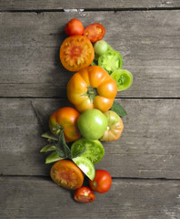 tomatoes, red, yellow , orange, green, healthy food, wooden background