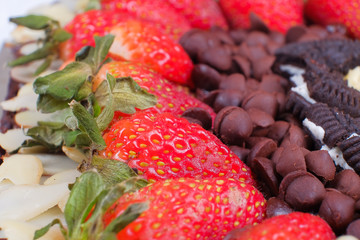Delicious homemade brownie cake with strawberries. Selective focus