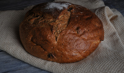 still life on the subject of bread, grain, milk.