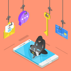 Isometric flat vector concept of phishing, computer virus, hacking, cyber attack.