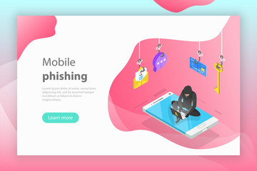 Isometric flat vector concept of phishing, computer virus, hacking, cyber attack.
