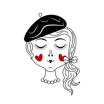 Cute dreamy girl in beret with closed eyes, vector portrait. Simple minimal line vector illustration. Paris fashion style