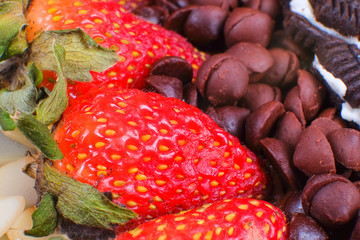 Delicious homemade brownie cake with strawberries. Selective focus