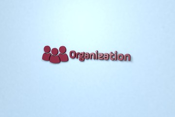 Illustration of Organization with red text on light blue background