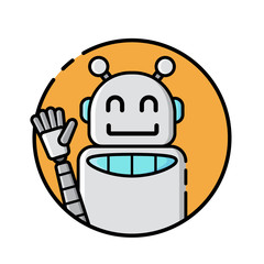 Round robot icon line style on white background. Funny robots greeting, waving hands, listening to music. Vector illustration in flat style.