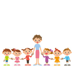 手を繋ぐ子供達と先生