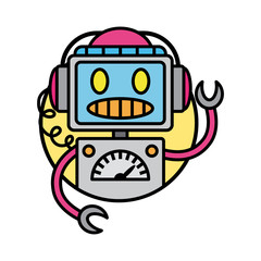 Round robot icon line style on white background. Funny robots greeting, waving hands, listening to music. Vector illustration in flat style.