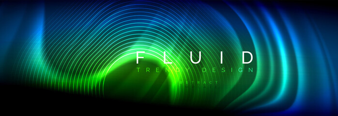 Neon glowing fluid wave lines, magic energy space light concept, abstract background wallpaper design