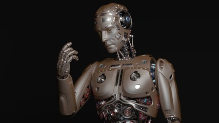 Obraz na płótnie Canvas 3D Render Futuristic Robot Man looking at his hand