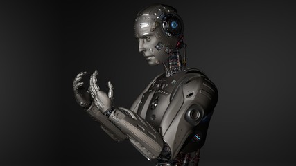 3D Render Futuristic Robot man looking at his hands