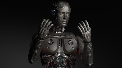 Fototapeta na wymiar 3D Render Futuristic Robot man looking at his hands