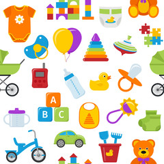 Seamless pattern with baby toys. Vector. Cute background for baby shower party, invitation template, textile, scrapbook, cards, flat design Cartoon colorful illustration with car, rattle, pram, nipple