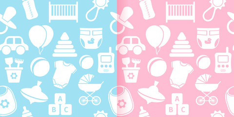 Seamless pattern with baby toys. Vector. Cute background for baby boy, girl shower party, invitation template, textile, scrapbook, cards in flat design. Cartoon abstract blue, pink, white illustration