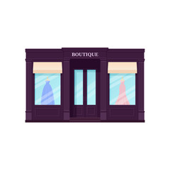 Boutique storefront, shop. Vector. Vintage store front. Facade retail building with window. Exterior house, retro street architecture. Cartoon illustration isolated in flat design.