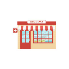 Pharmacy store front. Vector. Drugstore, storefront shop. Facade retail building with window. Vintage exterior house, street architecture. Cartoon illustration isolated in flat design.