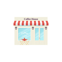 Cafe shop, storefront. Vector. Coffee house, vintage store front. Facade retail building with window. Retro street exterior architecture. Cartoon illustration isolated in flat design.