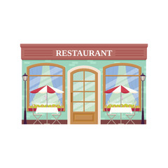 Restaurant facade, storefront. Vector. Outdoor cafe shop. Vintage store front, coffee house. Retail building with window. Retro street exterior architecture. Cartoon illustration isolated, flat design