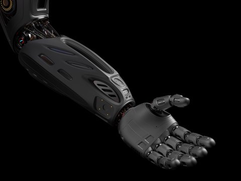3D Render Futuristic Robot giving a halping hand on black background