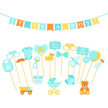 Baby shower photo props, booth on sticks. Vector. Birth reveal party for baby boy. Blue speech bubble, flags for newborn, parents. Photobooth set bib, bodysuit, bottle, nipple, stroller, rattle, duck.