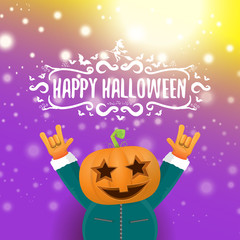 vector Happy halloween hipster party background. man in halloween costume with carved pumpkin head on violet layout with blur and lights. Happy halloween rock concert poster design