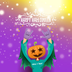 vector Happy halloween hipster party background. man in halloween costume with carved pumpkin head on violet layout with blur and lights. Happy halloween rock concert poster design