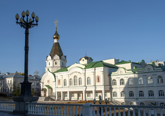 Fototapeta na wymiar The building of the Khabarovsk theological Seminary. The inscription on the building: 