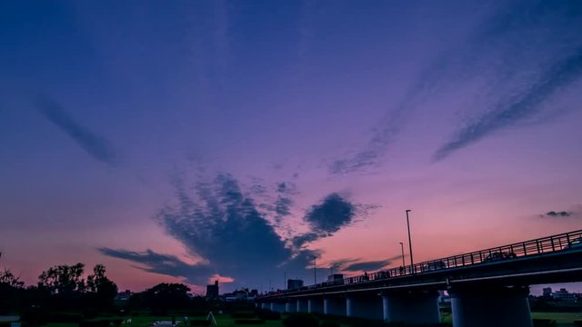 多摩川に掛かるガス橋の夕暮れ風景