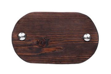 Old oval wooden board with chrome bolts. Isolated