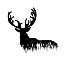 Naklejka premium Vector silhouette of deer in the grass on white background.