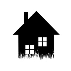 Vector silhouette of house in the grass on white background.
