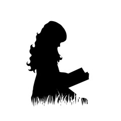 Vector silhouette of girl who read book on the grass on white background.
