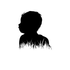 Vector silhouette of baby in the grass on white background.