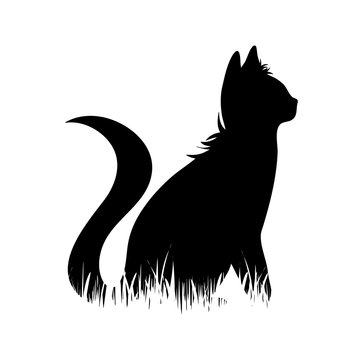 Vector silhouette of cat in the grass on white background.